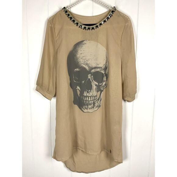 Philipp Plein Couture Skull  Tan Jeweled Trim Mini Dress/Tunic Size Small - Picture 1 of 11